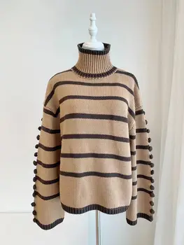 Moterų megztinis dryžuotas aukšto kaklo, ilgomis rankovėmis prarasti rudens ir žiemos megzti megztinis mados modeliai
