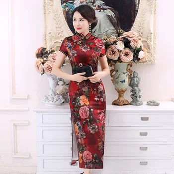 Moterų Tamsiai Raudona Vintage Suknelė Cheongsam Elegantiškas Ilgas Suknelės Gėlių Kinų Stiliaus Pavasario Vasaros Suknelė su Pamušalu M Iki 3XL