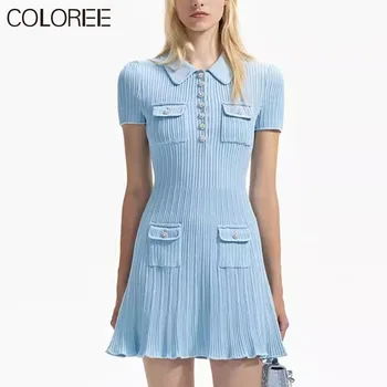 Mėlyna Balta Megzti Megztinis Suknelė Moterims Kilimo Ir Tūpimo Tako Dizaineris Elegantiškas Ruffles Trumpomis Rankovėmis Mini Suknelės 2023 Vestidos Para Mujer