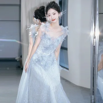 Mėlynas Vakaras Šalis Suknelė Seksualus China Apvalios Kaklo Gazas Sijonas Tradicinės Kinų Elegantiškas Vestidos Naujovė Temperamentas Suknelė