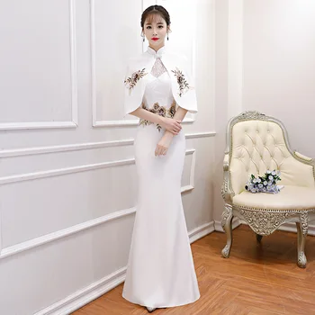 Naujas Kinų Tradicinė Suknelė Moterų Slim Cheongsam Siuvinėjimo Nuimamas skara Ilgai Qipao Vakaro Suknelės Dydis XS-3XL