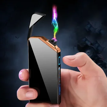 Naujas Smart Chip Elektros Dual Lanko USB Žiebtuvėlis Lauko Vėjo Impulsinis Plazmos Flameless Skaitmeninis Galios Ekranas Lengvesni Vyrų Dovana