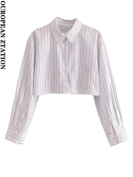 PAILETE Moterų 2023 mados dryžuotas popelinowy apkarpytos vintage marškinėliai ilgomis rankovėmis mygtuką-up moteriškos palaidinės blusas prašmatnus viršūnės