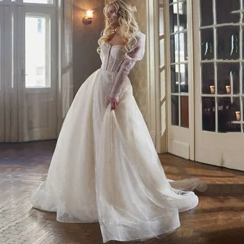 Pasakų Boho Vestuvių Suknelė iki 2021 m. ilgomis Rankovėmis Derliaus Nuotakos Suknelė Blizgučiai Tiulio Princesė, Vestuvinių Suknelių Bohemijos Chalatas de Mariage Boda