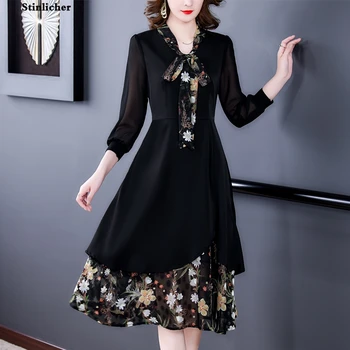 Pavasarį, rudenį ilgomis rankovėmis lankas gėlių spausdinti šifono suknelė moterims, elegantiškas nereguliarus juodos ilgos suknelės, šaliai, ponios darbo suknelė