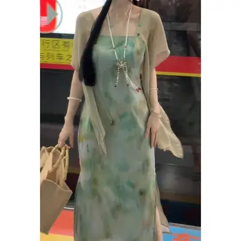 Pavasarį, Vasarą Naujas Kinų Stiliaus Gėlių Tapybos Dress Grakštus Diržas Cheongsam Qipao Dress Lady Rytų Pagerėjo Hanfu Rinkinys