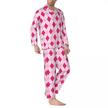 Pižama Vyrams Geometrinis Naktį Sleepwear Argyle Pink Spausdinimo 2 Gabalas Derliaus Pajama Komplektai Ilgomis Rankovėmis Mielas Minkštas Negabaritinių Namų Kostiumas