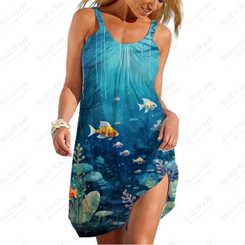 Povandeninis Pasaulis 3D Spausdinimo Suknelė Moterų Lauko Mados Suknelė Paprasta Spageti Dirželis Suknelė Vasaros Prarasti Laisvalaikio Suknelė