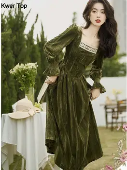 Prancūzijos Elegantiška Vintage Aksomo Midi Suknelė 