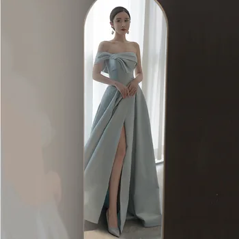 Prancūzų Stiliaus Satino Veido Vakarinę Suknelę Bowknot Stebėjimo Prasme, Dizainas, Prabangūs Aukštos Ritininės Šalis Suknelės Grindų Ilgis Švelnus Suknelė