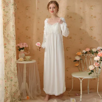Princesė Apatinis Trikotažas Baltos Medvilnės Pižamą Prancūzijos Derliaus Sleepdress Moterys Ilgomis Rankovėmis Nightdress