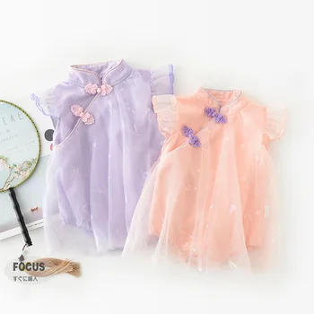 Princesė Kūdikiams, Kūdikių Mergaitės Romper Suknelė Vintage Cheongsam Kinų Stiliaus Sweet Baby Jumpsuit Vasaros Romper QZ199