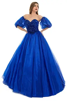Princesė Off Peties Promenadzie Suknelė Kamuolys Suknelė Brangioji Blizgučiais Nėriniai Atgal Quinceanera Suknelę Saldus 16 Royal Blue Šalis Suknelės