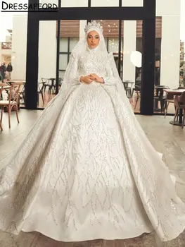 Puošnus, Aukštos Apykaklės Musulmonų Dubajus Princesė Vestuvių Suknelės, Kamuolys Suknelė Ilgomis Rankovėmis Duobute Kristalų Saudo Arabų Nuotakos Suknelė