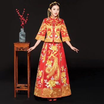 Raudona oficialų suknelė karališkosios vestuvės cheongsam stiliaus kostiumas nuotaka senovinių Kinų tradicinio siuvinėjimo phoenix Tango kostiumas Qipao