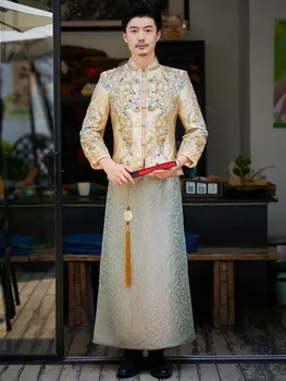 Retro Kinijos Žmogus Stiliaus Rytietiškas Drakonas Siuvinėjimo Vestuvių Suknelė Tradicinių Cheongsam Derliaus Oficialų Blizgančiais Qipao