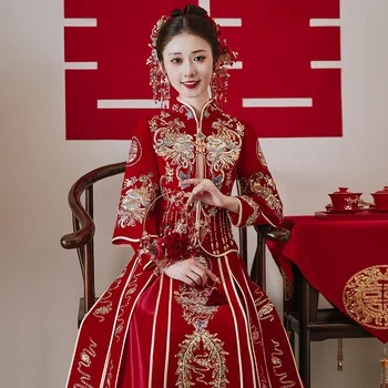 Retro Klasikinis Kinų Tradicinė Nuotaka Vestuvių Suknelė Qipao Išskirtinį Siuvinėjimo Phoenix Karoliukai Hanfu Drabužių Rytų Vestidos