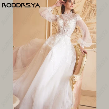 RODDRSYA Princesė Vestuvių Suknelė Moterims Romantiška Nėrinių Aplikacijos Nuotakos Suknelė Iliuzija Mygtuką Atgal Nuotakos Šalis Ilgio Sluoksniuotos Rankovėmis