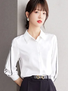 Rudenį Korėjos Mados Elegantiška Balta Paprasta Office Lady Šifono Palaidinė Marškinėliai Moteriška Prarasti Viršūnes Atsitiktinis Ilgomis Rankovėmis Palaidinės Moterims