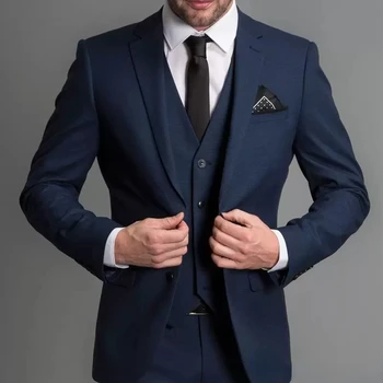 Tamsiai Mėlynos Vyrų Kostiumai Slim fit Įpjovomis Atvartas Vestuvių Tuxedos 3 Gabalas Komplektai Specialiai Pagaminti Verslo Mens Kostiumas (Švarkas+Kelnės+Liemenė)