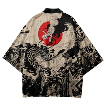 Tradicinės Samurajų Kimono Vyrų Japonų Anime Dragon Spausdinti Cosplay Haori Moterų Moterų Megztinis Yukata Vasaros Apdaras