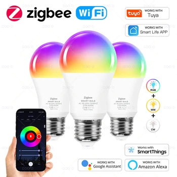 Tuya Wifi E27 Led Lempa, RGB WW CW Zigbee Led Lemputės Veikia su Alexa 