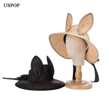 USPOP Vasaros Saulės skrybėlės Naujas Ausis Bowknot Rankų Rafija Šiaudų Skrybėlę be Karūnos Lauko saulės šiaudų skrybėlę vaikams 54CM S