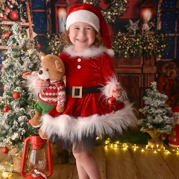 Vaikai Mergina Kalėdų Aprangą ilgomis Rankovėmis Furry Kratinys Suknelė su Bowknot Lankelis už Cosplay Šalis