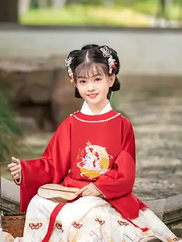 Vaikų Hanfu Rudens Stiliaus Mergaičių Kinų Ming Siuvinėjimo Trijų dalių Rinkinys Studentų Senovės Kostiumas Veiklos Arklys-veido Skir