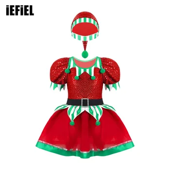 Vaikų Mergaičių Kalėdų Elf Cosplay Kostiumai, Blizgučiai Pompoms Puošia Akių Tutu Suknelė su Skrybėle