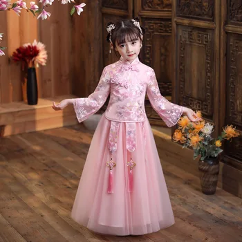 Vaikų Pavasario Tuščiaviduriai Iš Kinijos Puikus Tradicinės Partijos Suknelė Siuvinėjimo Merginos Atlikti Kostiumai Vaikams Senovės Hanfu