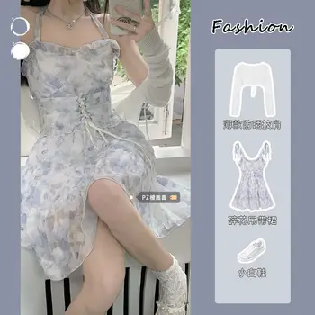 Vasaros Šifono Gėlių Spausdinti Suknelė Moterims Atsitiktinis Seksualus Šalis Mini Suknelė Moterų Korėjos Mados Chic Elegantiška Berankovė Suknelė 2023