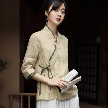 Vasarą Naujasis Kinijos Stiliaus Marškinėliai Retro Tango Kostiumas Hanfu Cheongsam Viršūnes Zen Arbatos Menininkas Tradicinę Kinų Drabužių Moteriška Elegancija