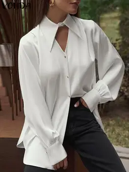 VONDA Moterų Elegantiškas Satino, Šilko Marškinėliai Rudenį Viršūnes 2023 Long Sleeve V-Kaklo Mygtukus Atsitiktinis Palaidinė vientisos Spalvos Office Blusas Femme