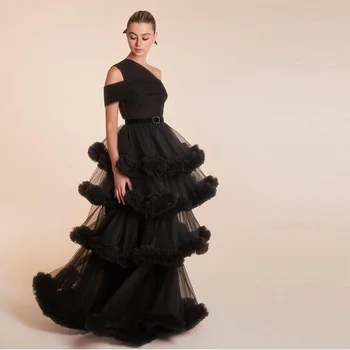 Xijun Juoda Ruffles Pakopų Saudo Arabų Vakaro Suknelės Vienos Pečių Rankovių Klostyti Ruched Promenadzie Suknelė Oficialią Šalies Suknelė 2023