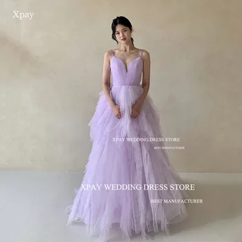XPAY Princesss Šviesiai Violetinės spalvos Tiulio Prom Dresses Už Vestuves Spagečiai Dirželiai Rankovėmis Vakare Chalatai Oficialus Suknelė