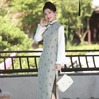Yourqipao Retro Stiliaus Spliced Ilgomis Rankovėmis Kinijos Žiemos Cheongsam Vakaro Suknelės 2023 Elegantiška Jauna Mergina, Moteris Qipao Chalatai