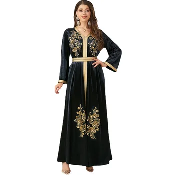 Zigui Kaftan Suknelės, Moteriški Blizgančiais Gėlių Siuvinėjimas Arabų Abaja Musulmonų Vakarinę Suknelę Ilgomis Rankovėmis Juodo Aksomo Suknelė
