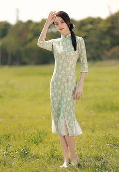 Šiuolaikinės Kinijos Stiliaus Pagerėjo Žalia Cheongsam Naujų Gėlių Temperamentas Plius Dydžio Jaunų Senoji Šanchajaus Vasaros Qipao Suknelė Moterims