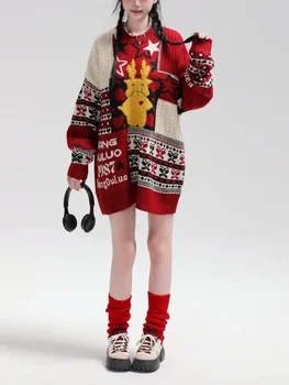 Žiemos Džemperis Moterims Korėjos Mados Kalėdinis Megztinis Prarasti Atsitiktinis Ilgomis Rankovėmis Viršuje Panele O-Kaklo Trikotažas Negabaritinių Sueter Mujer