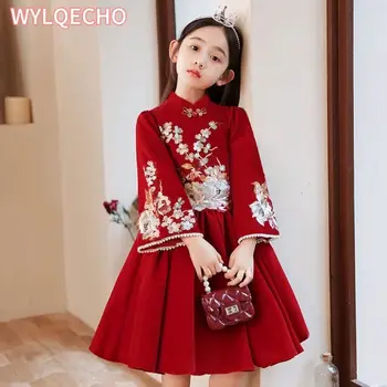 Žiemos Storio Qipao Suknelė Mergina Paauglys Kinų Naujųjų Metų Drabužių Raudona Siuvinėjimo Cheong Sam Suknelės Vaikams Princesė Merginos 2024